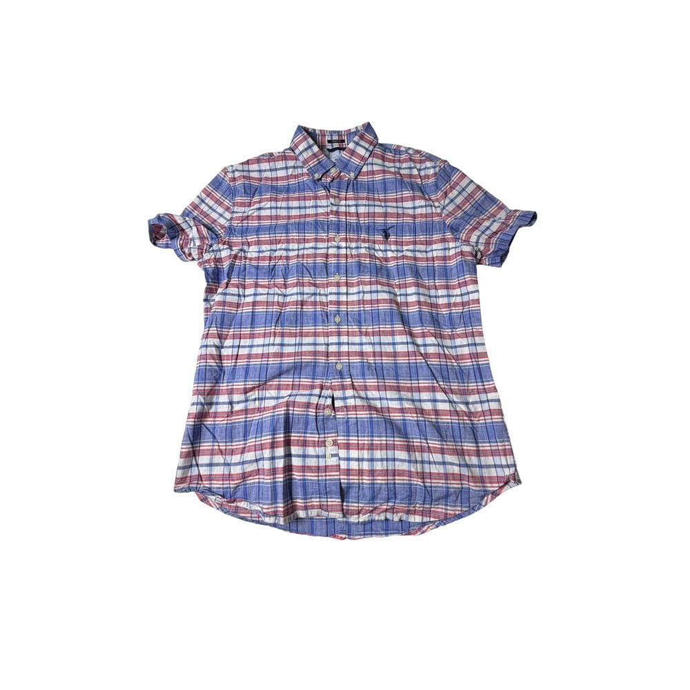 U.S. Polo Assn Button Down Shirt Mens M Blue Red Plaid Excellent Stretch SS
